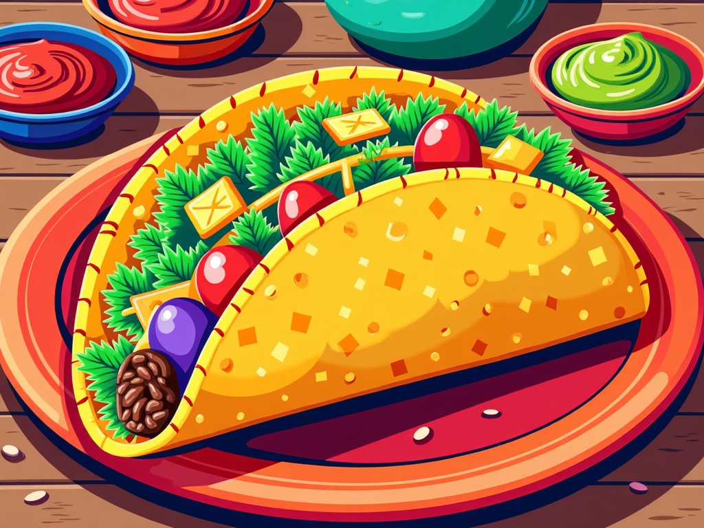 The image is an illustration of a Mexican food dish on a wooden table. The main focus of the image is a large yellow taco on a red plate. The taco is filled with a variety of ingredients, including lettuce, tomatoes, cheese, and other vegetables. There are also some nuts scattered around the plate. On the left side of the plate, there are two bowls of ketchup and mustard, and on the right side, there is a small bowl of green sauce. The background is a wooden surface with a few scattered seeds. The overall color scheme of the illustration is warm and inviting.