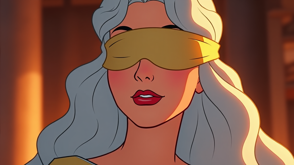 A close-up cartoon of Lady Justice's face, showing her blindfold which symbolizes fairness and her serene expression. Her silver hair is depicted flowing from beneath the blindfold. The warm colors evoke a sense of reliability and trust.