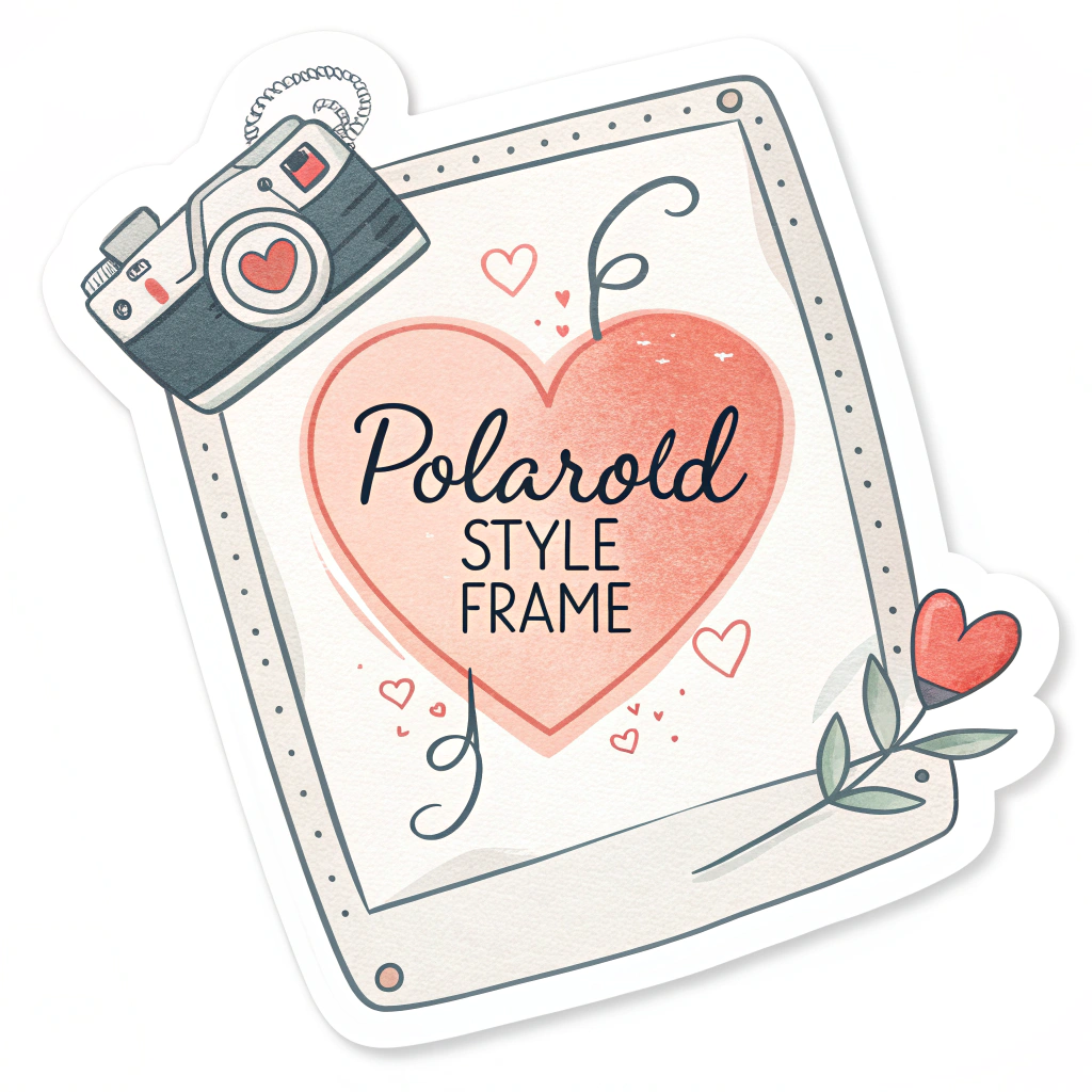 Stickers with a Polaroid-style frame containing a heart and the name handwritten inside.