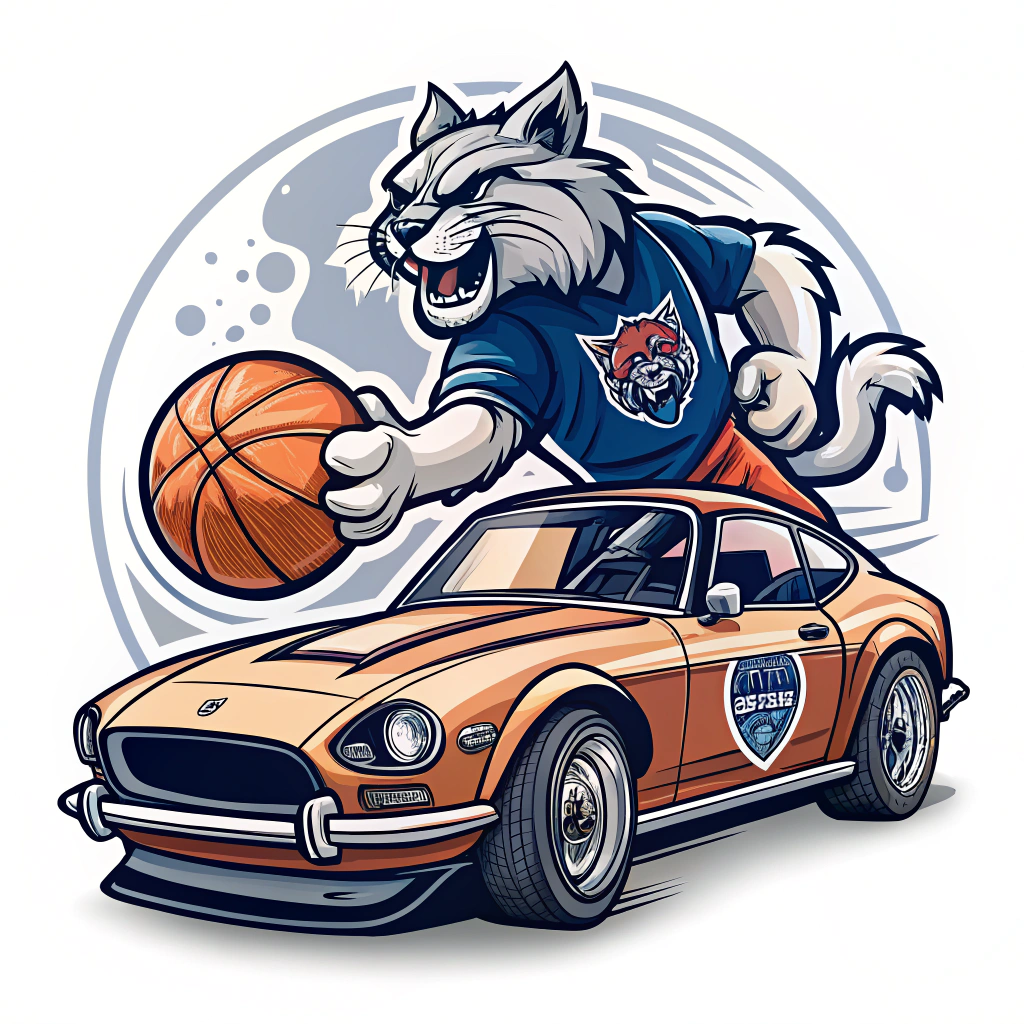 A car sticker featuring the team's mascot aggressively dribbling a basketball.