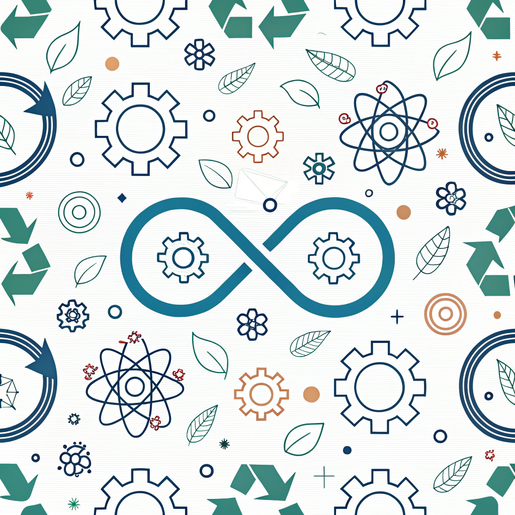 Circular Economy Flow Patterns: Abstract digital patterns symbolizing closed-loop systems, material reuse, and regeneration. These could feature interconnected lines, cyclical motifs, or transformation symbols, suitable for branding or educational materials in sustainable manufacturing.