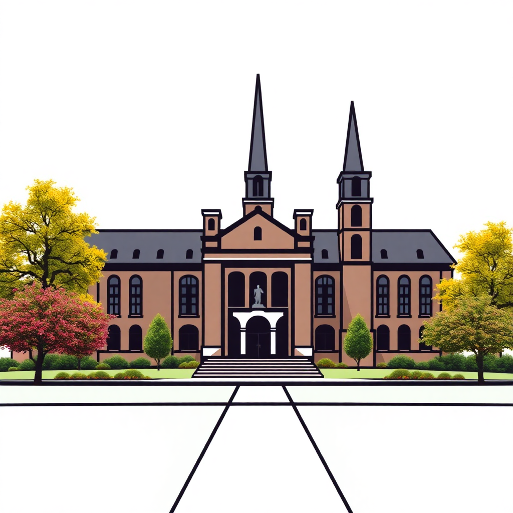 The image is a digital illustration of a large, two-story building with a red brick exterior and two tall spires on either side. The building has a large entrance with a statue of a man on a pedestal in the center. The entrance is flanked by two columns and there are two large windows on the front of the building. There are trees on the left and right sides of the image, with yellow and orange leaves, indicating that it is autumn. The sky is white and there is a pathway leading up to the entrance. The image is framed by a black border.