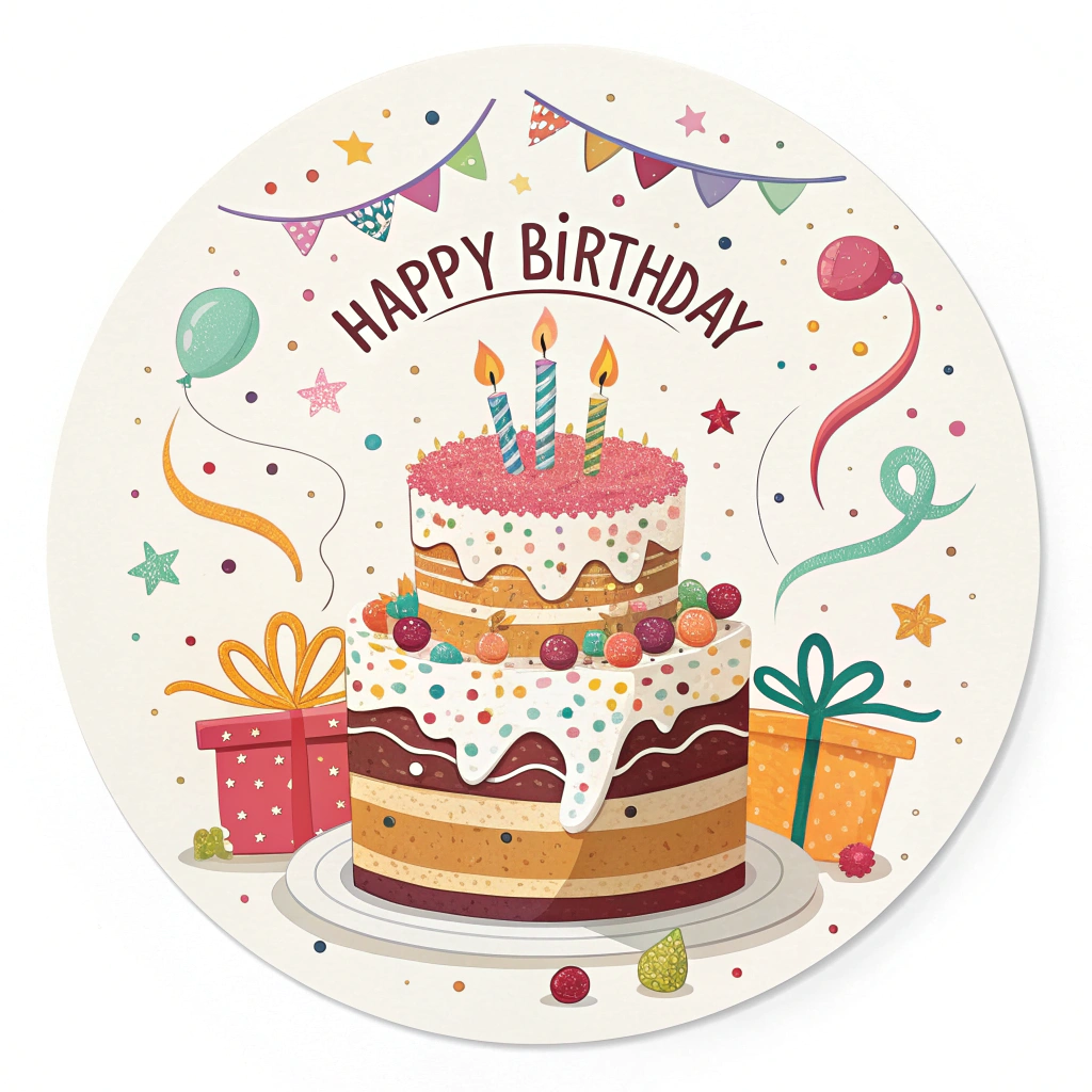 A round sticker with a layered birthday cake in the center, surrounded by colorful confetti and the words 'Happy Birthday' arching above.