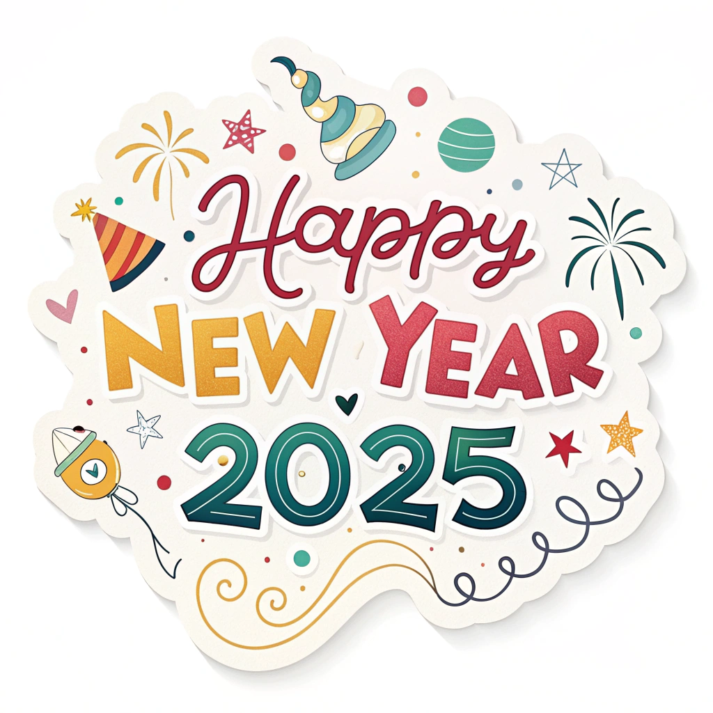 The image shows a poster with the words Happy New Year 2025 written in bold, colorful letters, surrounded by festive decorations such as stars, balloons, and confetti. The poster is decorated with a variety of shapes and colors, including red, green, yellow, and blue, to celebrate the start of a new year.