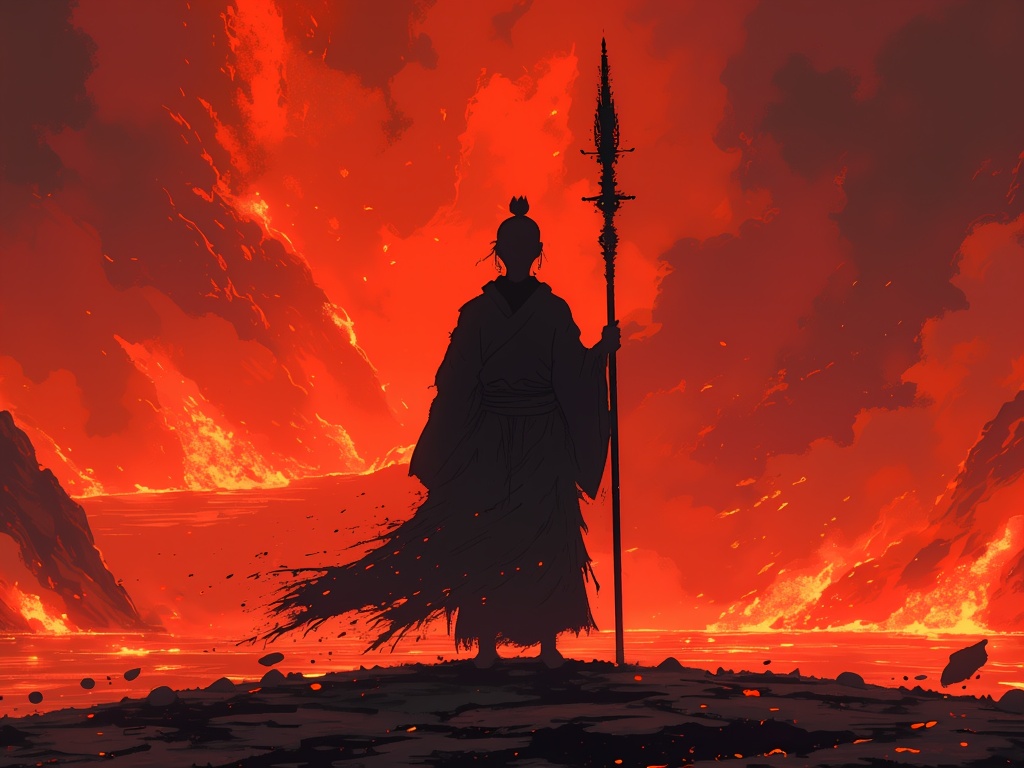 The imposing silhouette of Avatar Roku amidst roiling lava, an iconic figure symbolizing the past faces of wisdom and authority of the Avatar line.