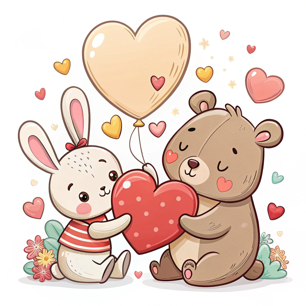 Create stickers where cute animals are interacting with hearts, such as a bunny snuggling a large heart or a bear blowing heart-shaped bubbles.