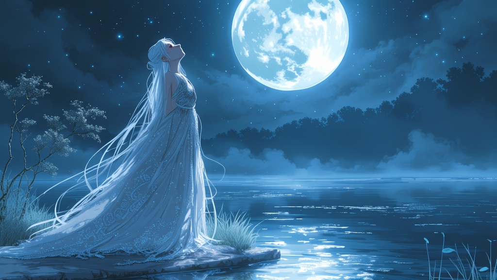 Princess Yue’s serene image under the moonlight on the brink of her transformation, capturing both beauty and sacrifice.