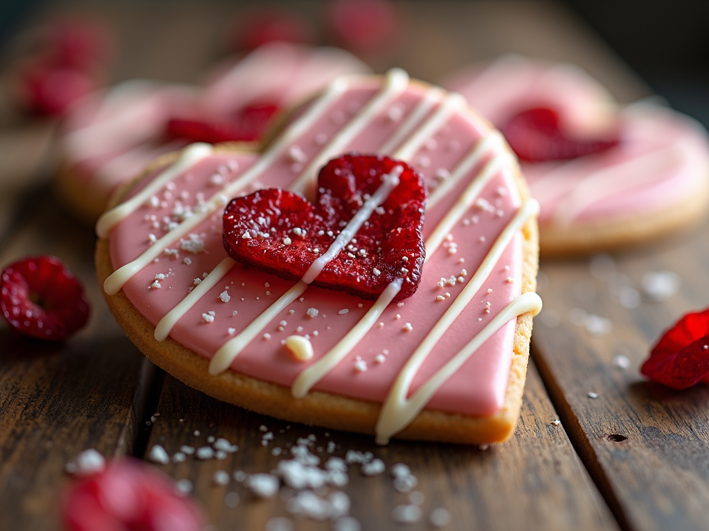 A heart shaped cookie with a light red base, topped with freeze-dried strawberries and a white chocolate drizzle.