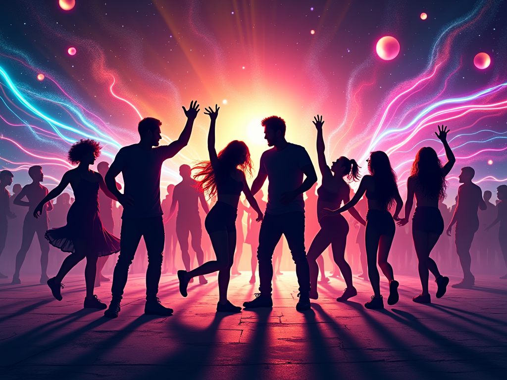 Dancing Energy Silhouettes: This concept focuses on the collective vibe, showcasing diverse silhouettes of people dancing energetically. Their forms could appear to merge with or be surrounded by flowing electric energy patterns, neon light trails, and geometric shapes in the sky, visualizing the pulsating rhythm of the music.