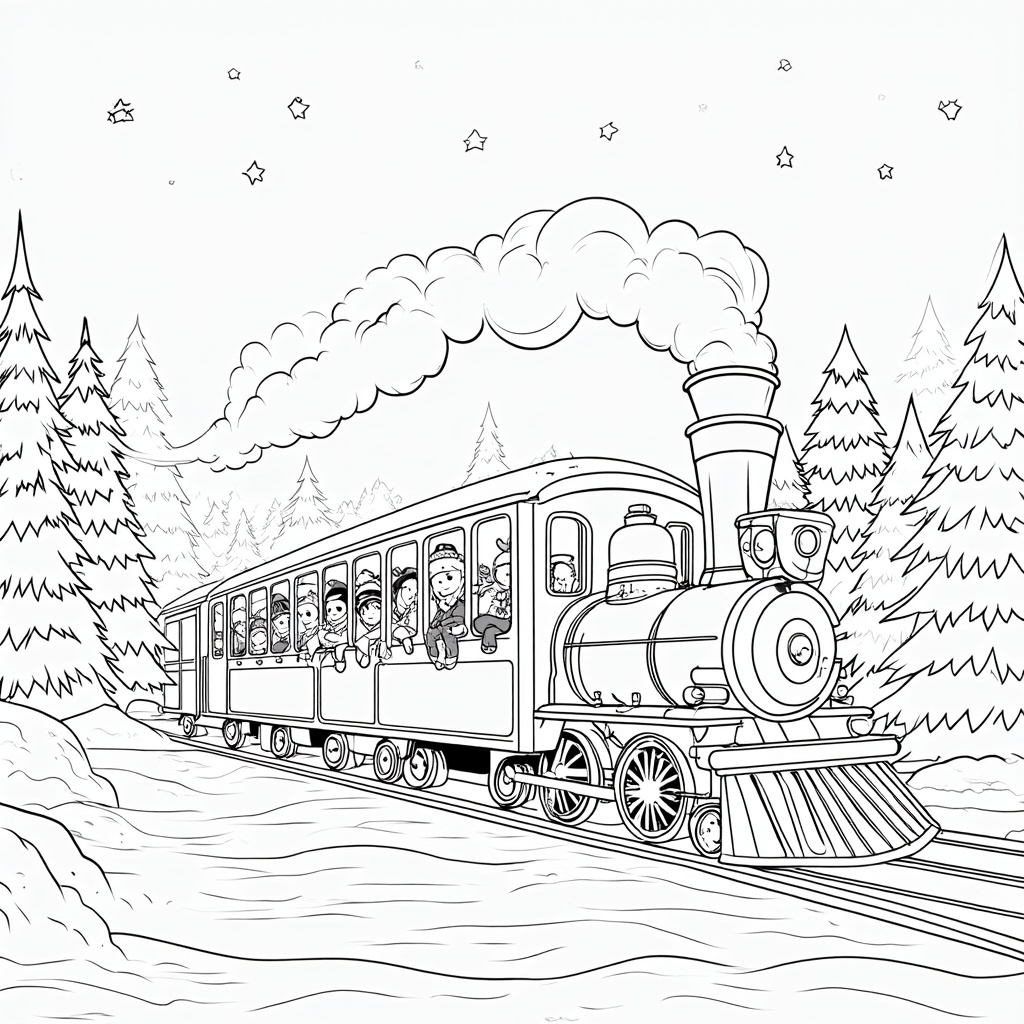 The image shows a black and white sketch of a train on a railway track with a few people inside, surrounded by trees and stars in the sky.