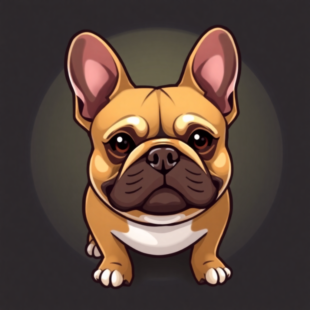 The image is a digital illustration of a French Bulldog. The dog is standing on all fours with its front legs slightly apart. It has a round head with large, pointed ears and a small nose. Its fur is a light brown color with a darker brown patch on its chest. Its eyes are dark and its mouth is slightly open, as if it is looking directly at the viewer. The background is a dark grey color. The overall style of the illustration is cartoon-like and playful.