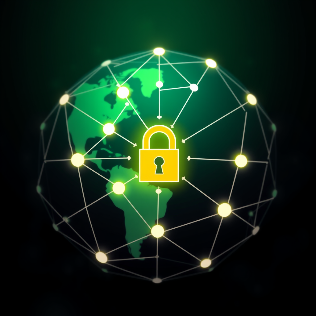 An abstract representation of a global network web, rather than a literal globe. Threat elements appear as jagged or broken lines within this web. At the center or as key nodes, strong lock or bastion icons are interconnected, symbolizing secured points and safe data pathways.