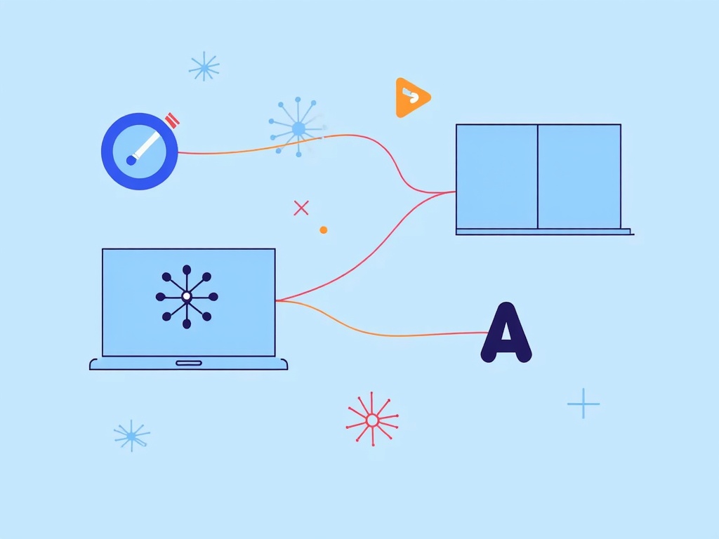 Simple Icon Idea: A stylized path or 'thread' weaving through a series of simplified, interconnected rectangular frames (representing storyboard panels), with a subtle 'AI' neural network or spark icon at a point of divergence or generation.