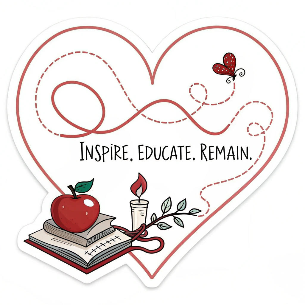 Design 5: 'Heartfelt Dedication': A heart shape formed by a continuous line that subtly incorporates an apple, a book, and a small flame or spark. The tagline 'Inspire. Educate. Remain.' flows along the outline of the heart or is neatly placed within it.