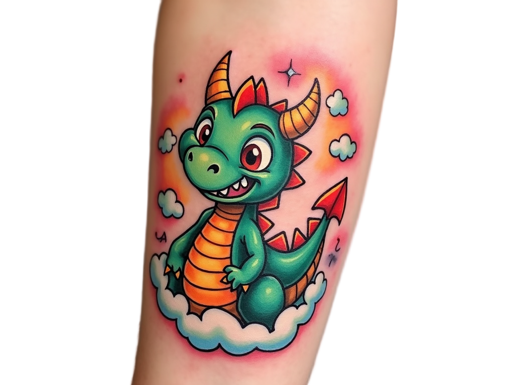 A cartoonish dragon tattoo adds whimsy to a forearm, with exaggerated features and a playful expression, surrounded by swirling clouds colored in pastels.