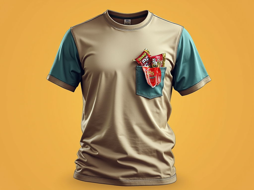'Pocketful of Nostalgia': A design focused on a printed chest pocket area, appearing to be 'stuffed' with miniature vintage candy wrappers peeking out. The rest of the t-shirt could be a solid color to make the pocket detail pop.