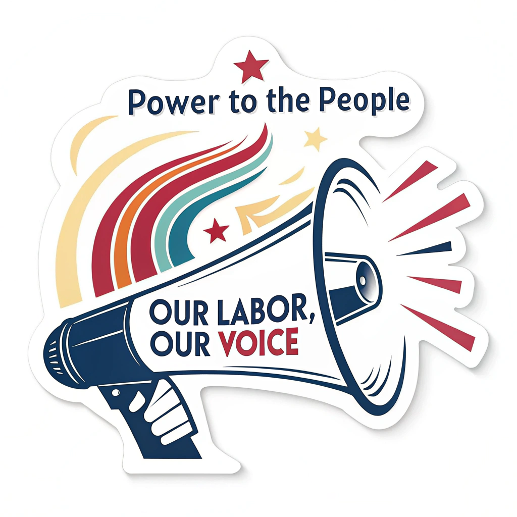 Design a sticker featuring a stylized megaphone graphic with abstract sound waves emanating from it. The text 'Our Labor, Our Voice' is integrated within the sound waves or directly on the megaphone. 'Power to the People' serves as a prominent header or footer.