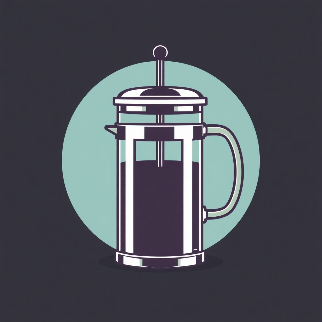 The image is an illustration of a french press coffee maker. It is a cylindrical glass jar with a handle on one side and a spout on the other. The jar is silver in color and has a lid with a knob on top. The lid is slightly open, revealing the contents inside. The background is a light blue circle with a darker blue gradient. The overall design is simple and minimalistic.