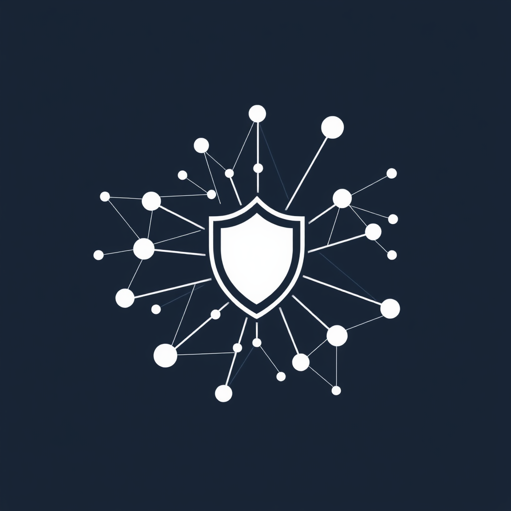 Design Idea 4: Abstract Network Web with Shield - A more organic or sprawling cluster of interconnected nodes, resembling a small section of a larger network. A distinct, modern shield icon is overlaid prominently on the cluster.
