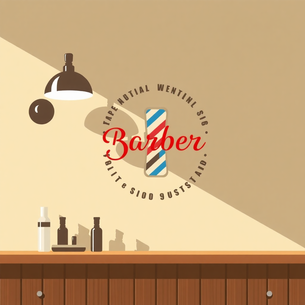 The image is a graphic design for a barber shop. It has a beige background with a wooden countertop at the bottom. On the countertop, there are several bottles of different sizes and colors. Above the counter, there is a black pendant light hanging from the ceiling. In the center of the image, the word Barber is written in red and blue cursive font with a barbershop logo in the background. The logo also has a red and white striped barber pole in the center. The overall design is modern and minimalistic.