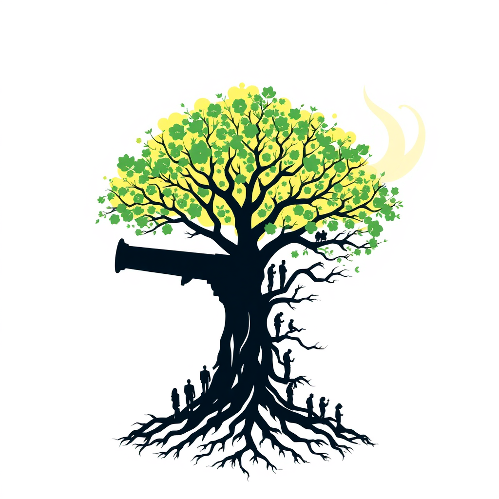 Sub Design Idea 4 (The Legacy We Build Together): A design where the cannon's smoke innovatively transforms into a flourishing tree or an intricate root system. This symbolizes community growth nurtured by the club and the deep-rooted, generational bonds. Silhouettes of diverse individuals could be subtly woven into the roots or branches.
