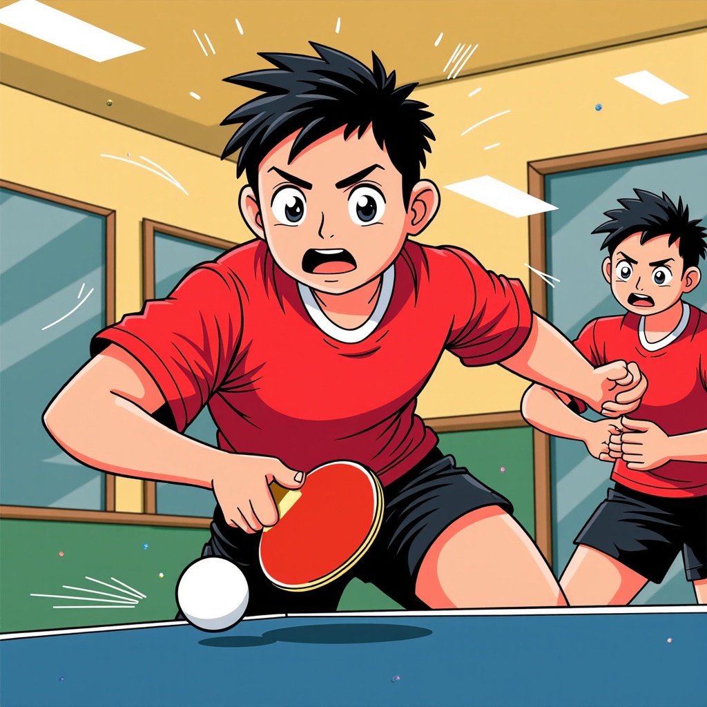  two young boys playing table tennis. The boy on the left is wearing a red t-shirt and black shorts and is holding a red ping pong paddle in his right hand. He is in the middle of a shot, with his left arm extended forward and his right arm bent at the elbow. He has a surprised expression on his face and his eyes are wide open. The other boy is standing behind him, watching the shot. The background shows a green table tennis table and a yellow wall. The image appears to be an illustration of a table tennis game.