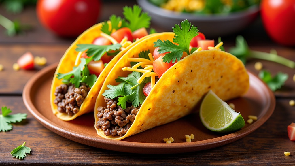  two tacos on a brown plate. The tacos are filled with ground beef, diced tomatoes, and cilantro. There is a lime wedge on the plate and a bowl of salsa in the background. The plate is on a wooden table with scattered corn kernels and cherry tomatoes. The overall color scheme of the image is warm and inviting.