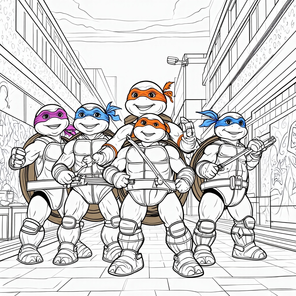 The image shows four teenage mutant ninja turtles standing in a cityscape, each holding a weapon in their hands. The sky is visible at the top of the image, and there are buildings on either side of the turtles. The image is a free printable coloring page, perfect for kids to enjoy.