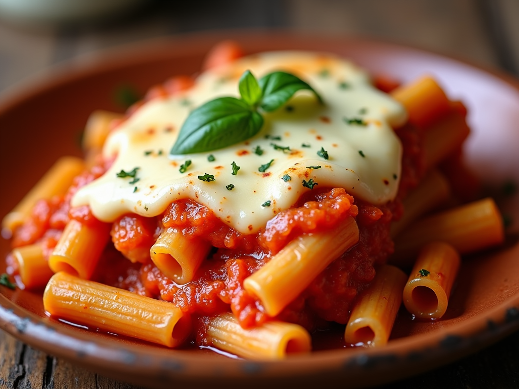 A serving of baked ziti, highlighting the texture of creamy ricotta mixed with gooey mozzarella, the rich red sauce's subtle herbs, layered over tender ziti, all presented on a rustic clay dish.