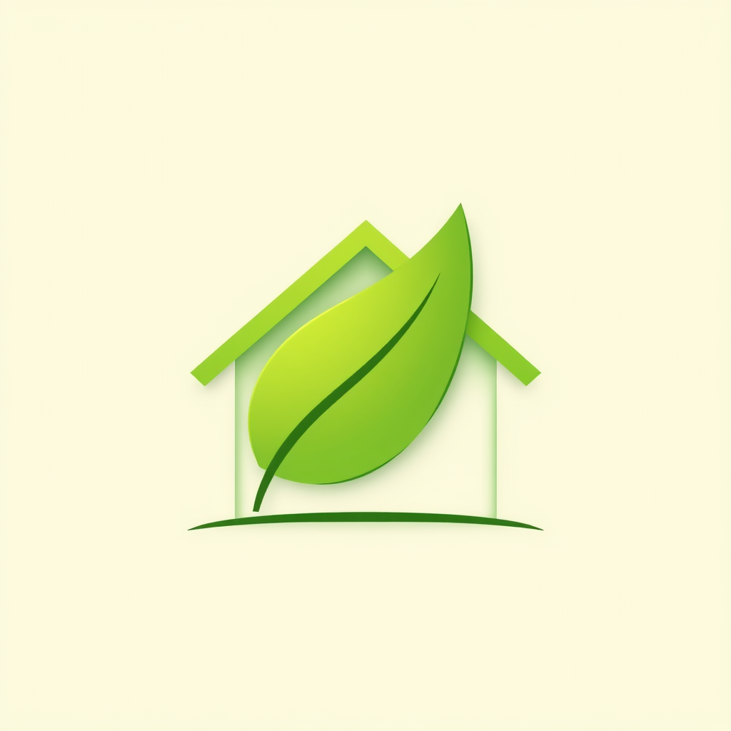 A house icon where the roofline smoothly transitions into a leaf shape, symbolizing the blend of shelter and nature. Use clean lines and a green/earthy color palette for eco-friendliness and economy.