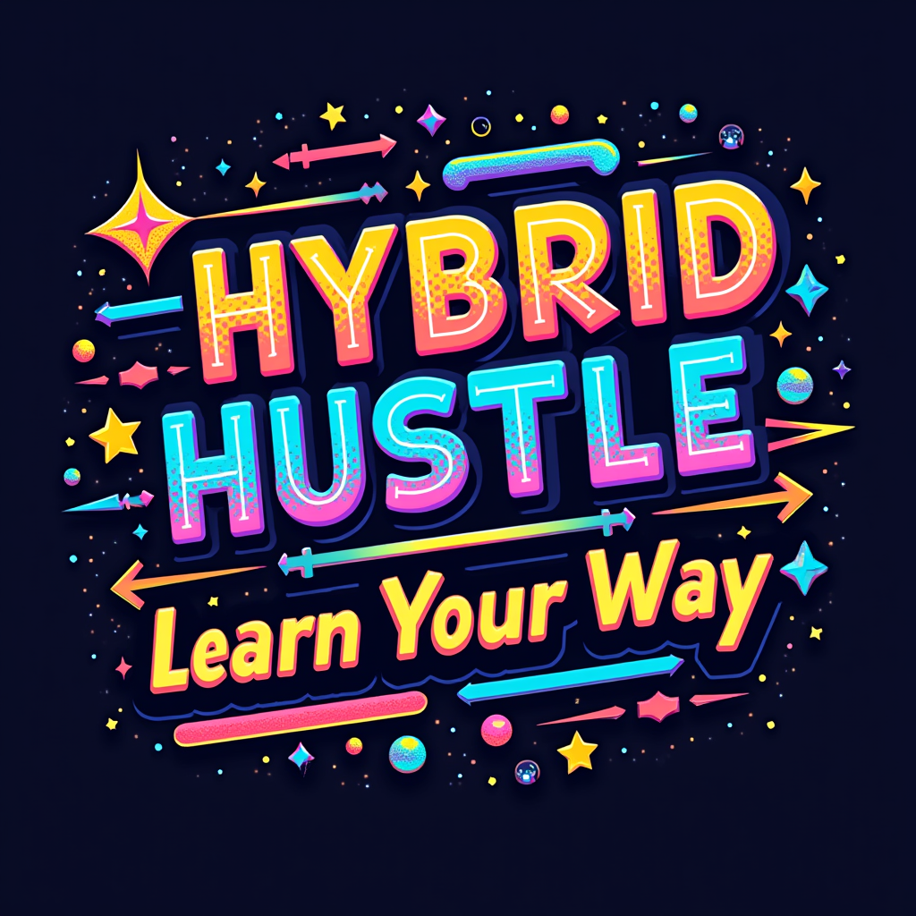 5. 'Retro Arcade Flow': 'Hybrid Hustle' in a vibrant, slightly retro arcade game font. Visual elements like arrows, progress bars, and 'level up' icons are incorporated around the text, suggesting a dynamic journey. 'Learn Your Way' is displayed as a 'player choice' or 'select your path' option within this theme.