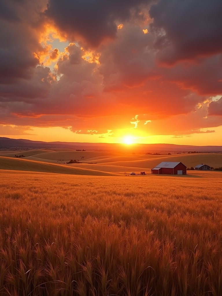 A vast expanse of farmland with a horizon painted in fiery hues, the morning sun rising above to greet the day.