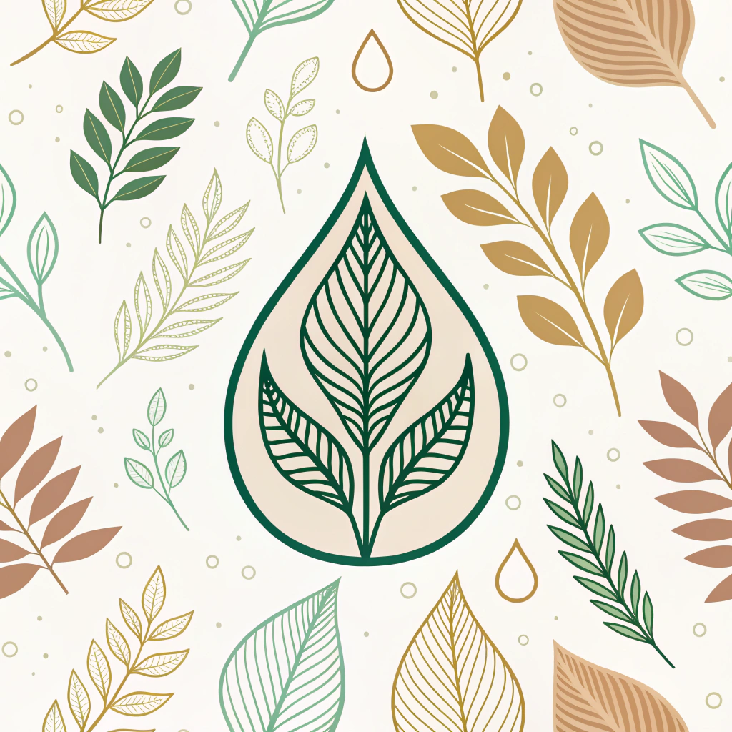 Simple Icon Idea: A minimalist icon depicting a stylized leaf seamlessly merging with a softly diffusing droplet of color, symbolizing the direct connection between plants and natural dyes. Rendered in earthy, plant-derived tones.