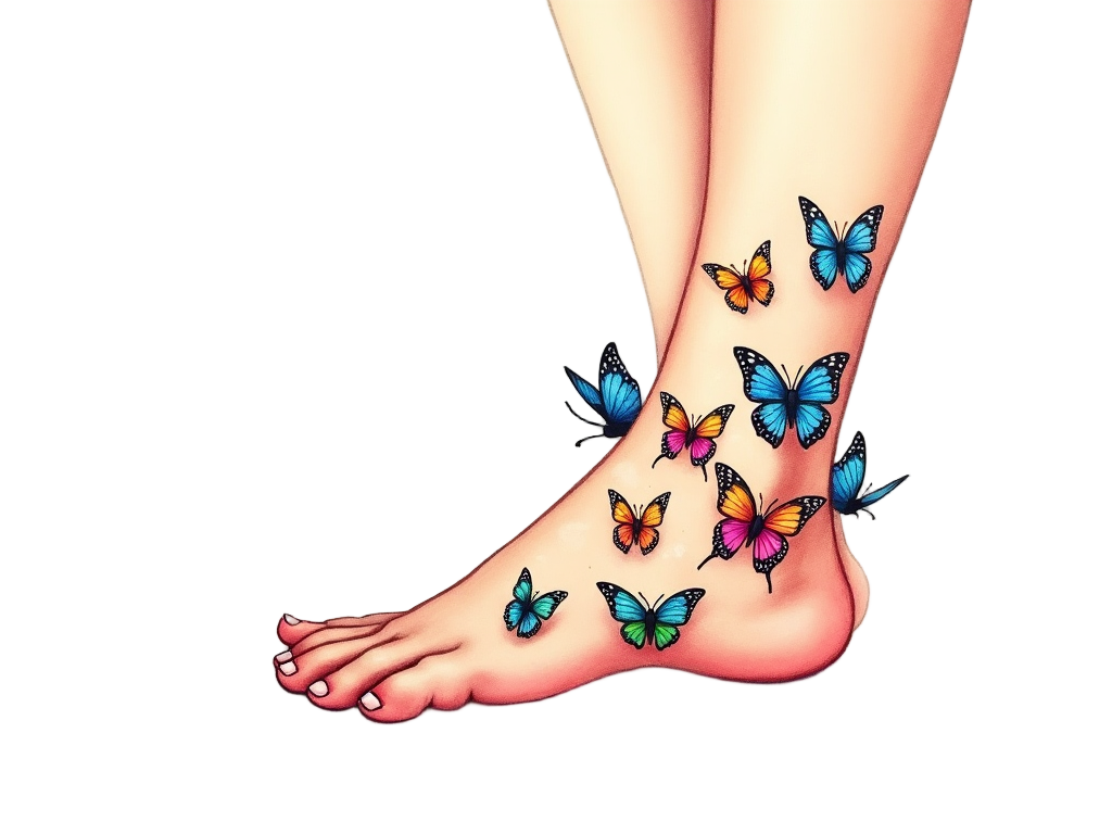 Cluster of small butterflies tattoo, in multicolor hues, fluttering across a foot, representing unity and transformation of spirit.