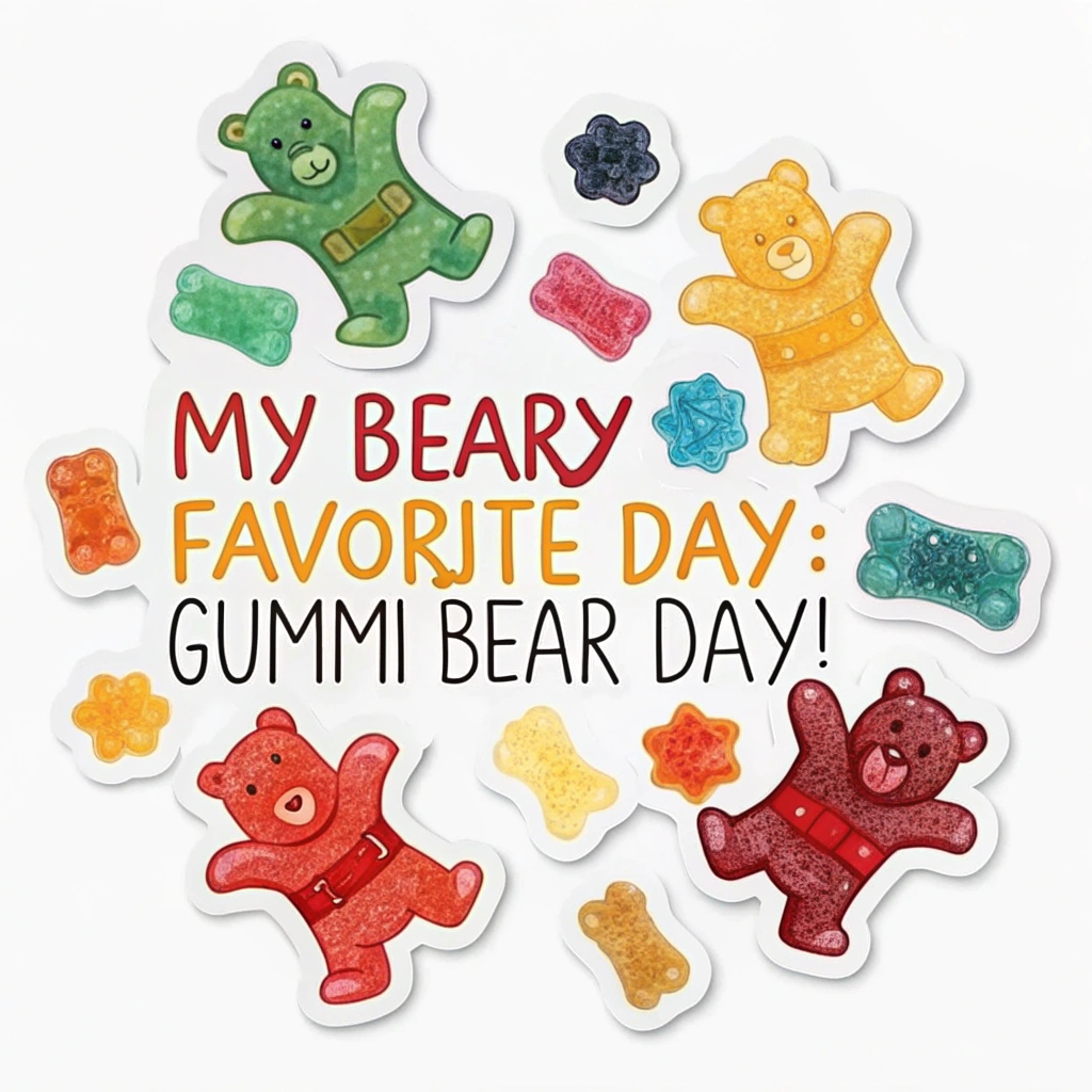 Sub-Design Idea 2: Create a sticker with a clear background where multiple colorful, translucent-looking gummi bears appear to be joyfully scattered or falling. The phrase 'My Beary Favorite Day: Gummi Bear Day!' is centrally placed in a fun, bouncy script font.