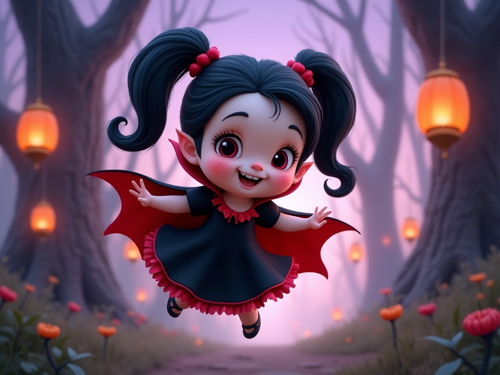 The image is a digital illustration of a cute little girl dressed up as a vampire. She has dark hair styled in two pigtails with red bows on top. She is wearing a black dress with a red cape and has a big smile on her face. The background is a dark forest with tall trees and orange lanterns hanging from the branches. The ground is covered in red tulips and there is a path leading away from the girl. The overall mood of the image is magical and spooky.