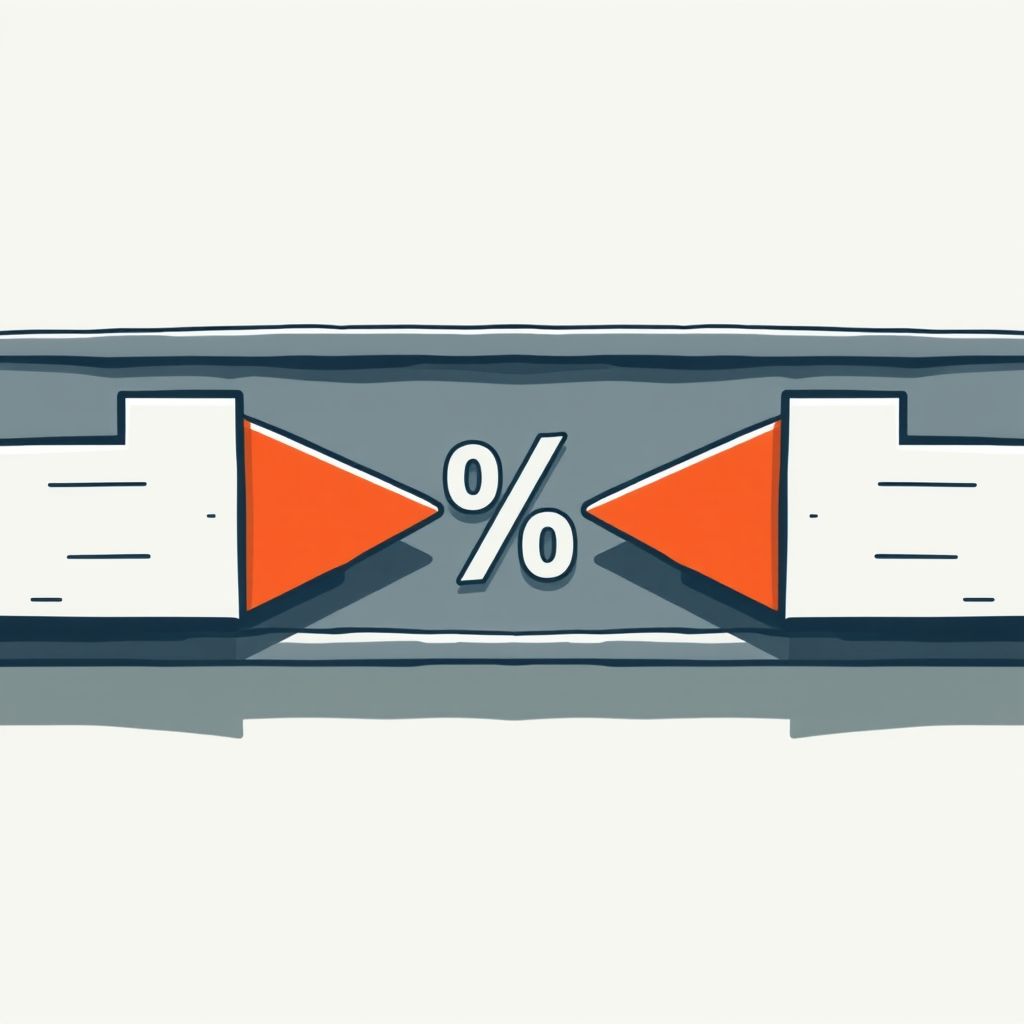 Sub-design 1: Two distinct arrows, perhaps different colors or styles representing opposing economic entities, clashing directly against a central, thick barrier. The barrier could subtly incorporate a percentage (%) symbol or an upward price trend arrow, symbolizing the tariff conflict.