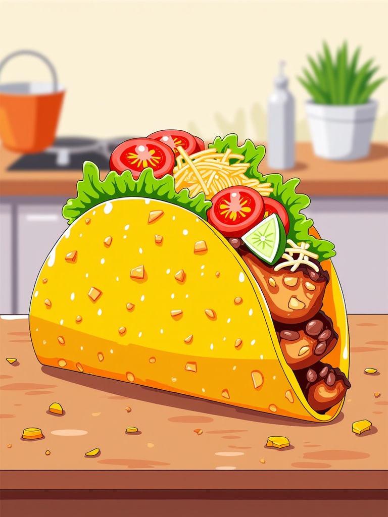 The image is an illustration of a taco on a kitchen countertop. The taco is yellow in color and has a tortilla shell on top. It is filled with various ingredients such as lettuce, tomatoes, cheese, and meat. There is also a slice of lime on top of the taco. The countertop is made of wood and there is a potted plant in the background. The overall color scheme of the image is bright and cheerful.