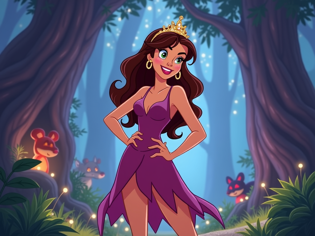 A princess with a mischievous expression, winking at the viewer with one eye. She has a sparkling tiara slightly askew on her head and a dress with a touch of rebellious flair, perhaps with uneven hemlines or unique patterns.