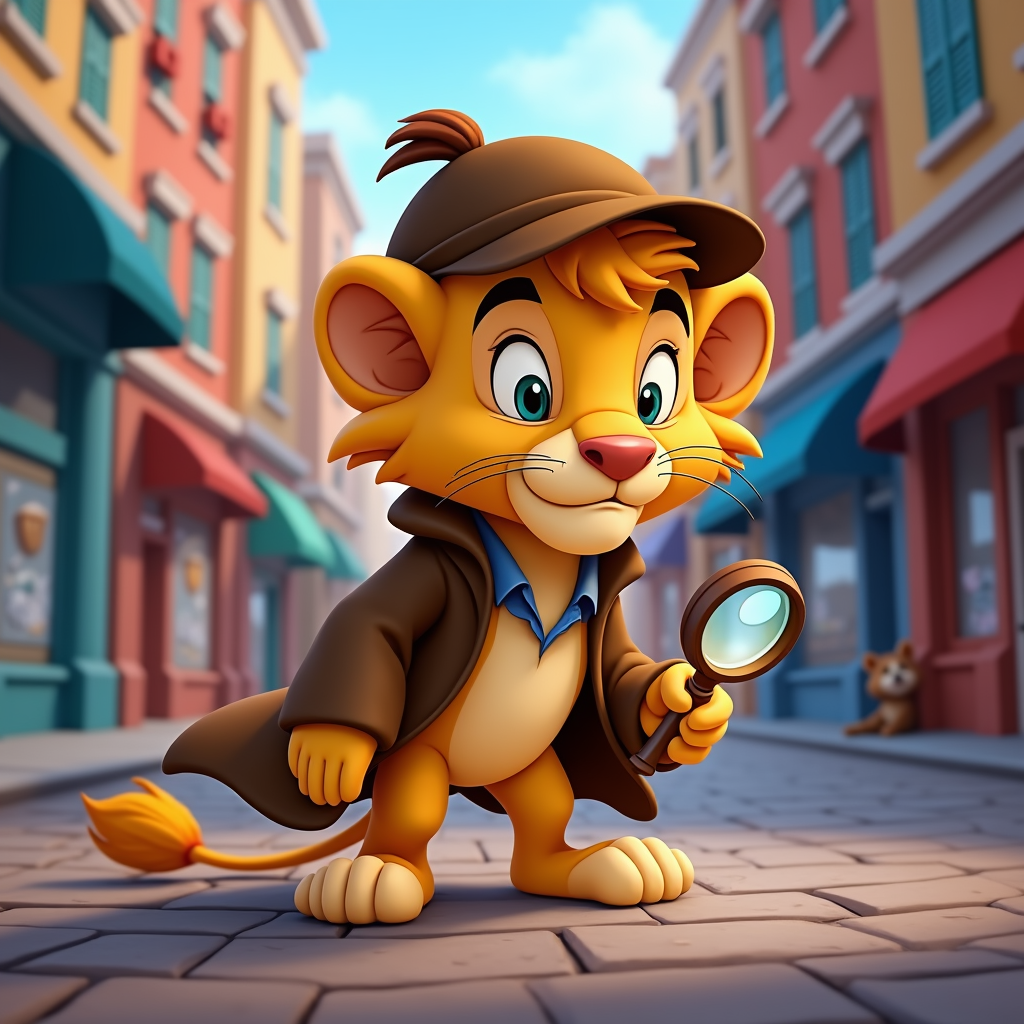 A lion cartoon character as a detective. The lion could be wearing a Sherlock Holmes hat and coat, and have a magnifying glass in one paw.