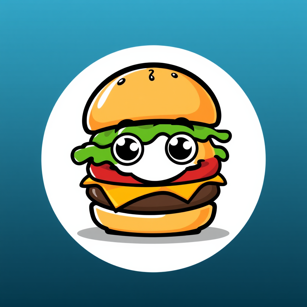 A smiling hamburger character with googly eyes and a slightly tilted bun.