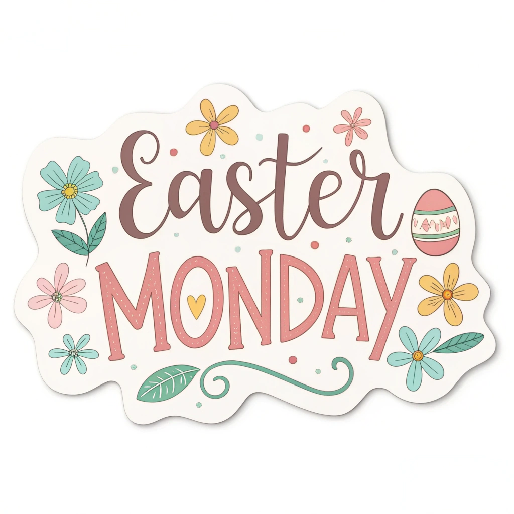 A simple sticker design with the text 'Easter Monday' in a playful pastel font, surrounded by small flower icons.