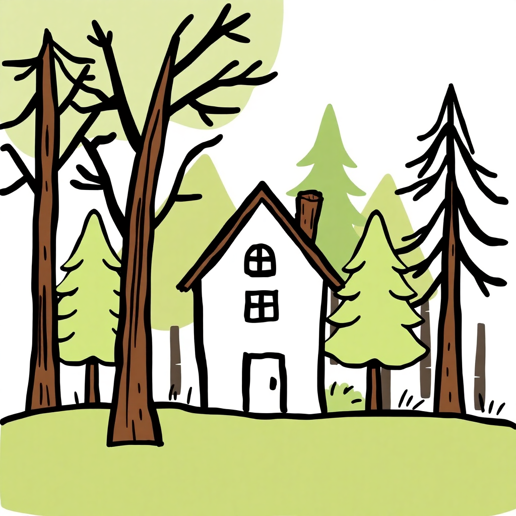 A minimalist approach to the hand-drawn forest scene, with a simple, almost childlike rendering of the house and trees, using bold outlines and a limited color palette.