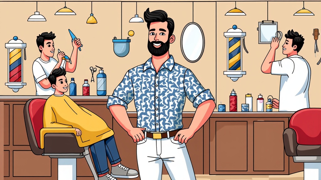  a barber shop with a man standing in the center. He is wearing a blue and white patterned shirt and has a beard and mustache. He has a big smile on his face and is holding a pair of scissors in his hand. On the left side of the image, there is a young boy sitting in a barbershop chair with his hair cut. Next to him, there are two barber assistants, one standing behind the barber and the other sitting in the chair. The barber is holding the scissors and appears to be cutting the hair of the young boy. The background shows a counter with various barber tools and supplies hanging on the wall. The overall style of the illustration is cartoon-like and colorful.