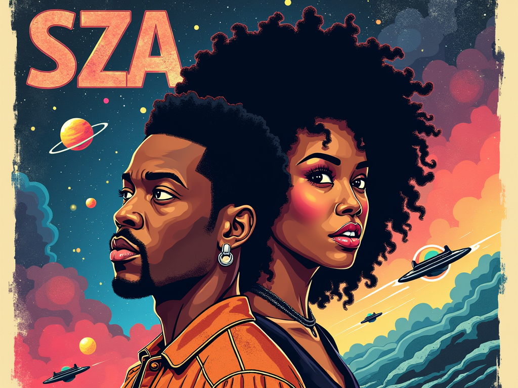 Vintage Sci-Fi Poster Style: Design the T-shirt like a 1970s/80s science fiction movie poster. Feature illustrated, heroic-style portraits of Kendrick Lamar and SZA against a cosmic backdrop (planets, nebulae, retro spaceships). Use bold, slightly distressed typography for their names and 'Retro Future Icons', with a tagline like 'A Galactic Collision of Sound'.