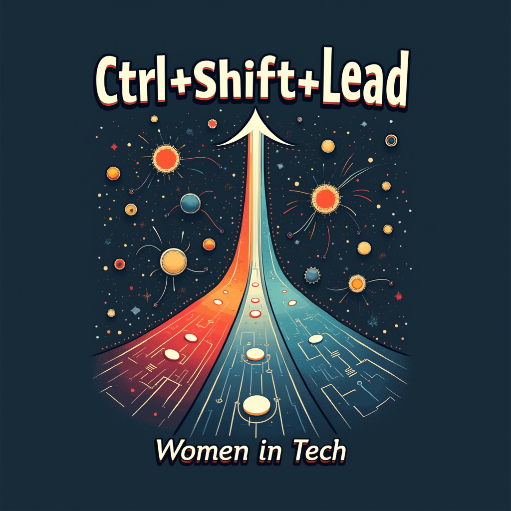 Abstract concept representation: 'Ctrl' shown with control panel-like circular elements, 'Shift' depicted by an upward, transformative arrow or flowing lines, and 'Lead' as a forward-pointing arrow or a path leading upwards. 'Ctrl+Shift+Lead' unites these visuals, with 'Women in Tech' as a foundational text element.