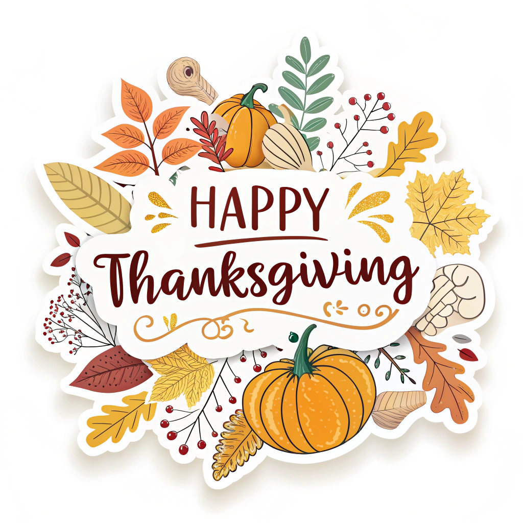 The image shows a happy Thanksgiving card with a white background and a sticker featuring pumpkins and leaves. The text reads 