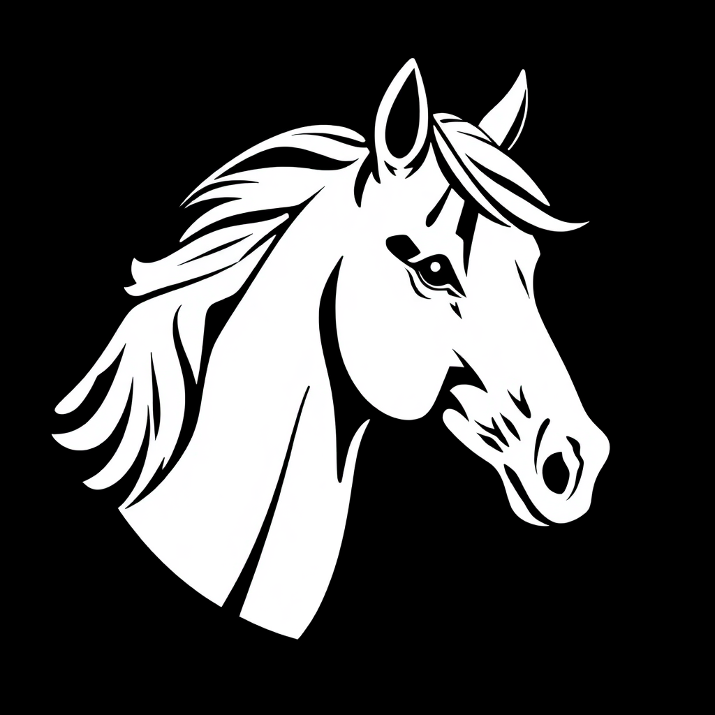 The image is a black and white illustration of a horse's head. The horse is facing towards the right side of the image, with its head turned slightly to the left. Its mane and tail are flowing in the wind, and its eyes are closed, giving it a peaceful and serene expression. The background is completely black, making the horse's face and mane stand out. The image is simple and minimalistic, with no additional details or shading.