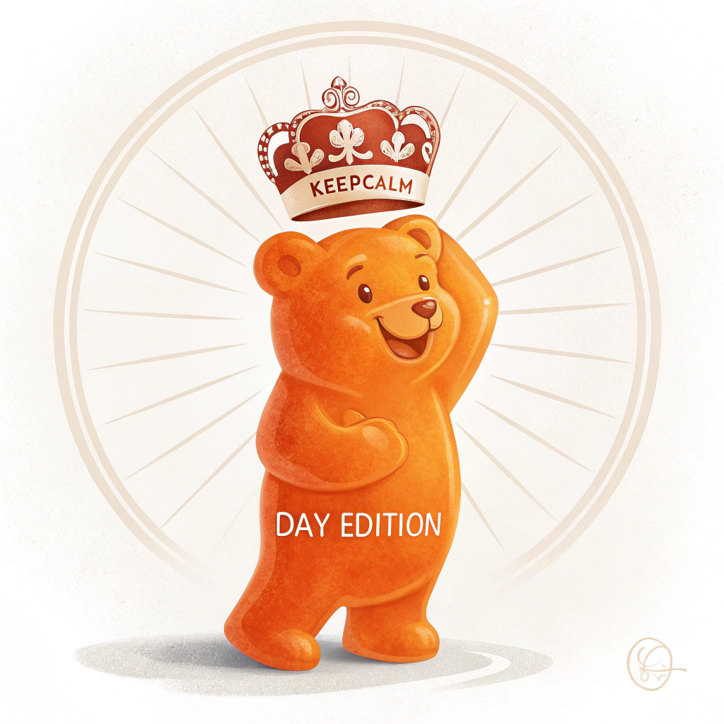 Simple Icon Idea: A smiling, single-color gummi bear (e.g., vibrant orange) standing upright and holding a miniature classic 'Keep Calm' crown just above its head. Set against a simple circular background with a subtle sun ray or sunburst pattern emanating from the center to signify 'Day Edition'.