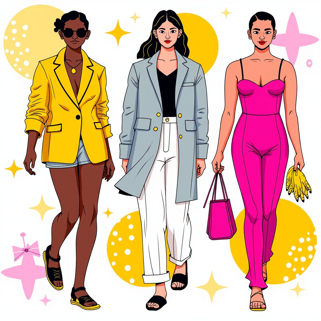 Spotlight 3-5 prominent designers from NYFW. For each, produce an illustration of a signature look that also subtly integrates visual elements or motifs characteristic of the designer’s brand identity or aesthetic into the artwork's background or overall atmosphere.